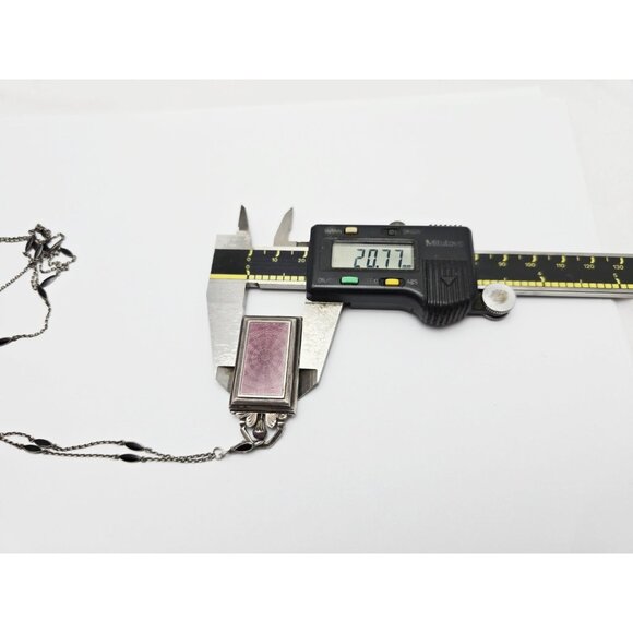 Vintage Art Deco Sterling Silver Black & Purple Enamel Pendant Watch Necklace - Picture 14 of 16